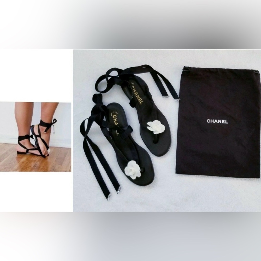 CHANEL Camellia Flower Lace up Sandals. Made in Italy. Euro 38. Pretty!